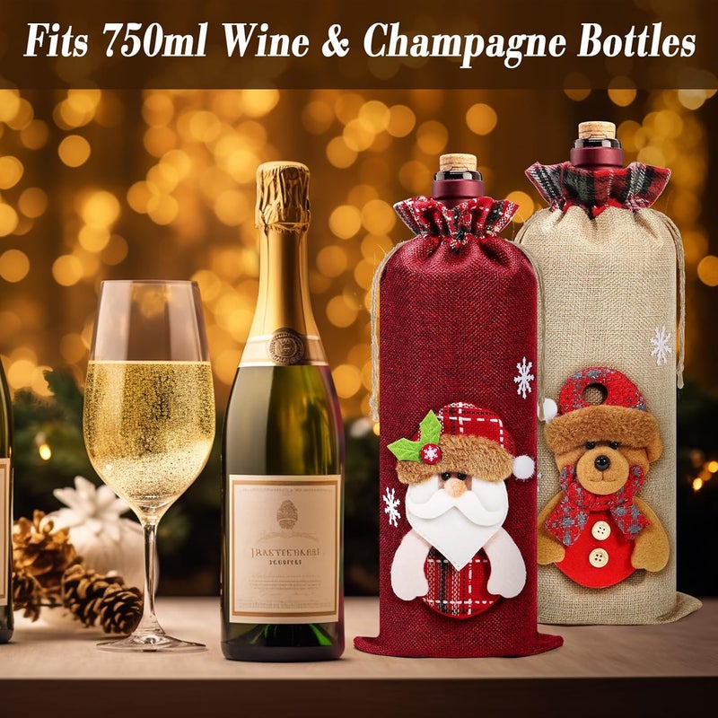 Aoonby 8Pcs Burlap Wine Bags, Drawstring Bottle Gift Bags with Santa, Snowman, Elk, Bear 3D Dolls, Reusable Christmas Wine Bottle Covers for Xmas Holiday Party Decoration - Image 3